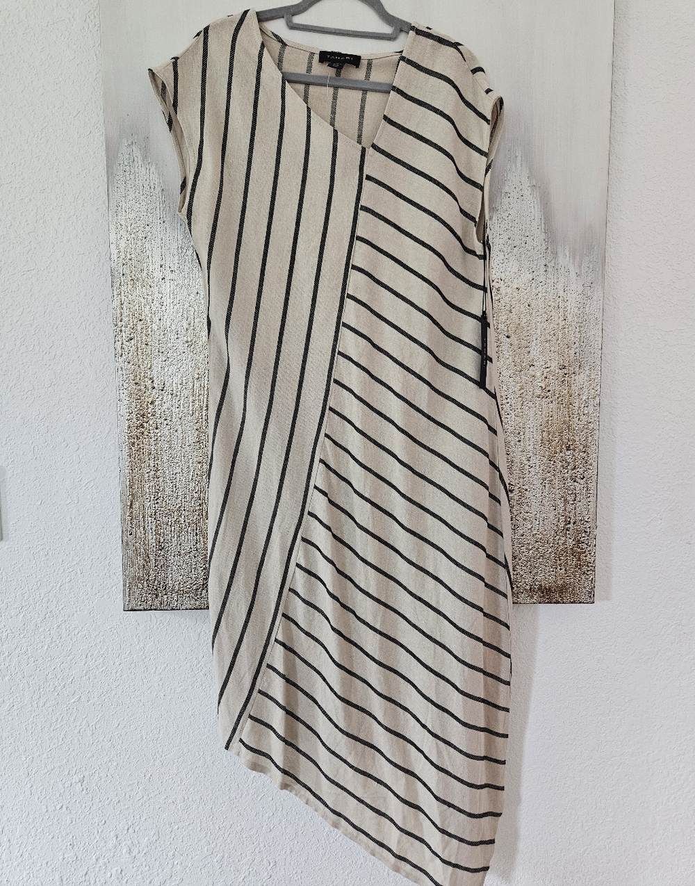 Tahari Beige Black Stripes Sleeveless Linen Brend Dress Large